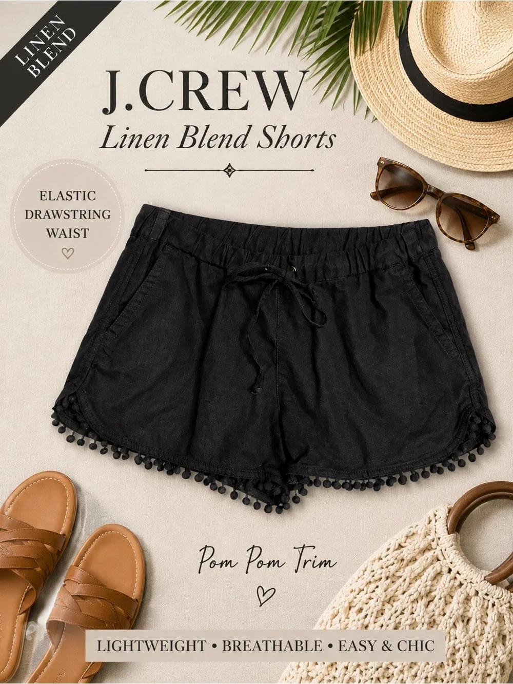 J. Crew Black Linen Blend Pom Pom Trim Pull-On Shorts Size Small